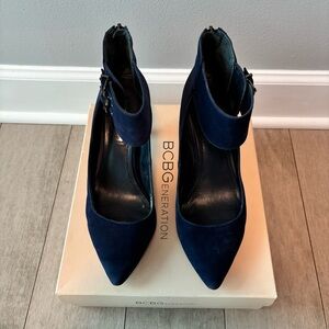 BCBGeneration Blue Suede Pointed-Toe Ankle Strap Pumps